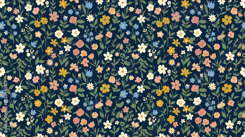 Colorful tiny floral pattern on dark navy background suitable for textiles and design.