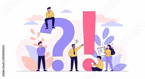Group of people interacting with large question mark and exclamation mark in a conceptual illustration setting.