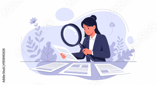 Woman analyzing documents with a magnifying glass in a serene office environment