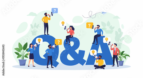 People interacting with large blue Q and A letters surrounded by plants and thought bubbles in a collaborative environment from a slightly elevated viewpoint