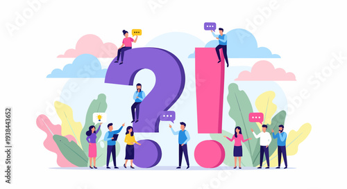 people celebrating around question marks and exclamation marks