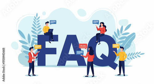 People interacting with large FAQ letters, reading signs, and standing around in an illustrative scene from a slightly elevated viewpoint