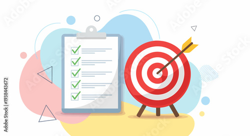 A checklist and target board on colorful abstract background viewed from directly ahead