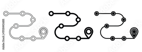 Three different routes with destination pin icons in black and white.