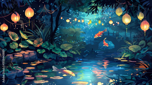 Tranquil scene of lanterns illuminating a pond with koi fish and lush vegetation