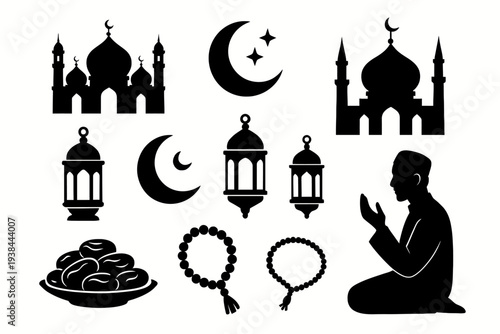 Islamic icons collection featuring mosques, crescent moons, lanterns, prayer beads, dates, and a praying person in silhouette