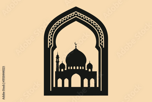 Islamic Mosque Silhouette Illustration within an Ornate Archway Frame Depicting Cultural Heritage and Spiritual Significance