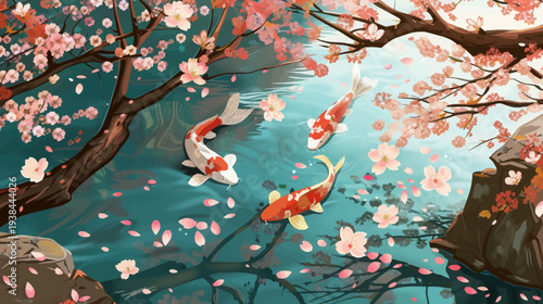 Koi fish swimming in a pond under cherry blossom trees decorative artwork