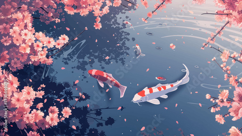 Koi fish swimming in a pond with cherry blossom branches overhead