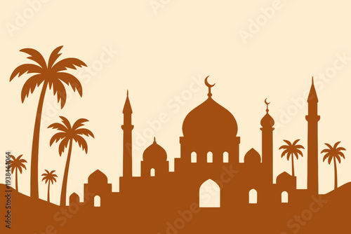 Serene Mosque Silhouette with Palm Trees at Sunset Viewed from a Distance