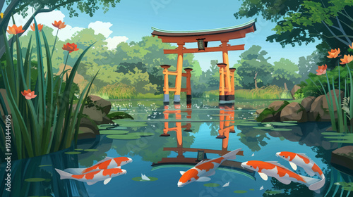 Tranquil koi pond scene featuring japanese torii gate and vibrant aquatic life