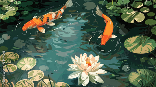 Koi fish swimming in a pond with water lilies decorative illustration