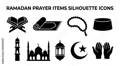 Ramadan prayer items silhouettes collection featuring mosque, prayer, book, beads, and hands icons
