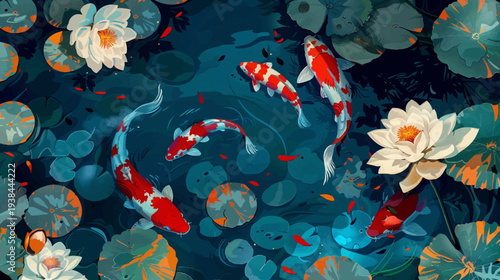 Koi fish swimming amongst water lilies in a serene pond setting design