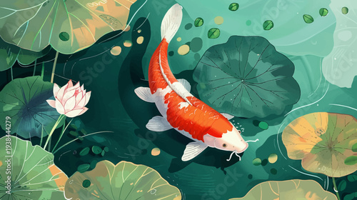 Koi fish swimming among lily pads with a lotus flower and green water