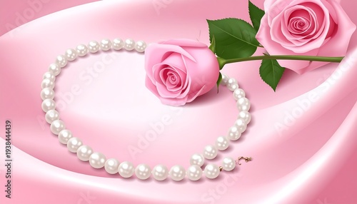Two pink roses lie on a satin sheet with a string of pearls making a romantic and elegant composition