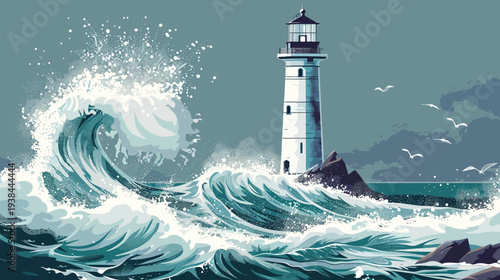 Coastal lighthouse and crashing waves illustration nautical theme art