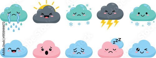 Kawaii Expressive Weather Cloud Set Featuring Rain Snow Thunder and Happy Sun Peeking