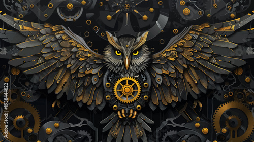 Steampunk owl with mechanical wings and gears on dark background