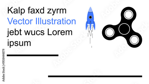 Abstract design, creative layouts, education visuals, modern art, technology, conceptual graphics. Features a black spinner, blue rocket and text. Creative layouts and education visuals concept