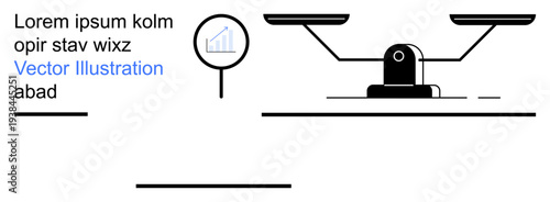 Business strategy, decision-making, data evaluation, financial analysis, comparison, balance. Black and white scale and magnifying glass showing upward graph. Business strategy and decision-making