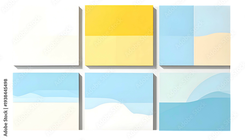 Obraz premium Six square art pieces, varying colors and geometric shapes, some layered, minimal style