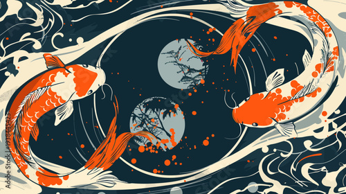 Koi fish illustration artistic depiction of elegant orange and white fish in water