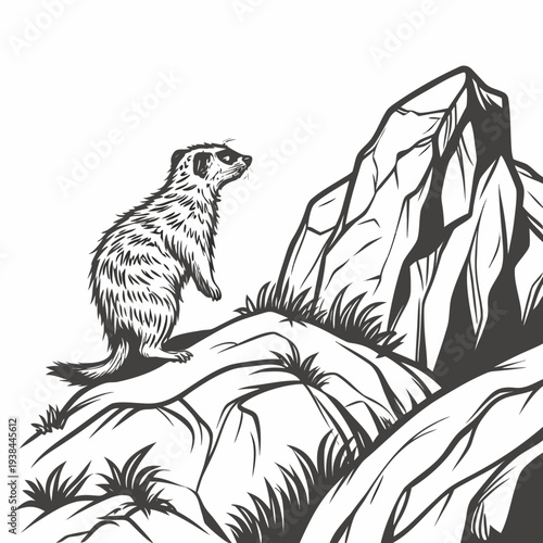A small animal perched on a rock formation overlooking a vast landscape. Vector