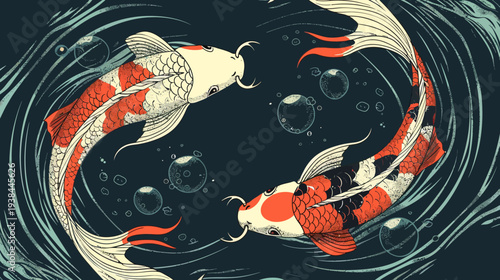 Artistic depiction of two koi fish swimming in a water pond illustration