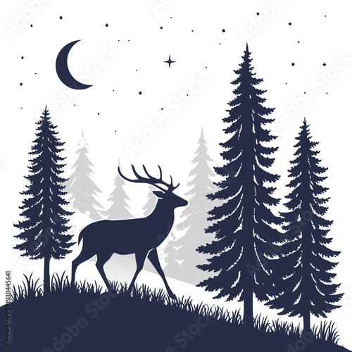 A majestic stag stands in a moonlit forest surrounded by tall pine trees Vector