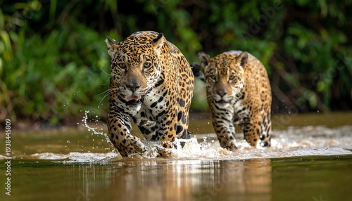 Two jaguars stride through shallow water, lush greenery blurred in the background, water splashing around them