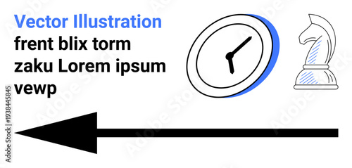 Time management, productivity strategies, decision-making, navigation, goal setting, priority planning. Clock, chess knight and arrow on a clean background. Time management and productivity