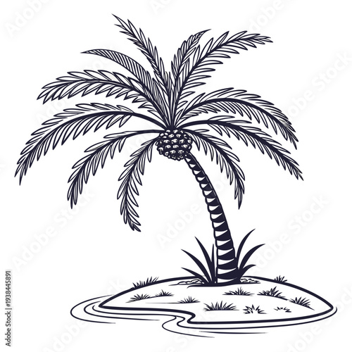 A single palm tree growing on a small, isolated island in the middle of the ocean Vector