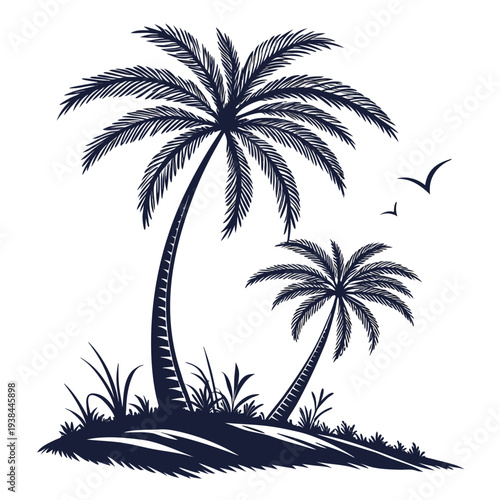 Two palm trees and a bird in a tropical landscape illustration Vector