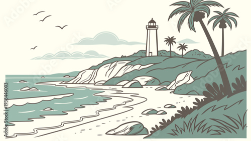 A serene beach scene with palm trees and a clear blue sky. Vector