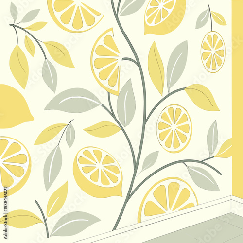 Vibrant yellow lemon leaf pattern on a soft white background Vector