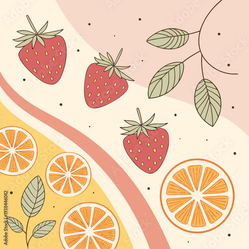 A vibrant illustration of fresh fruits and leaves with a flowing decorative pattern. Vector