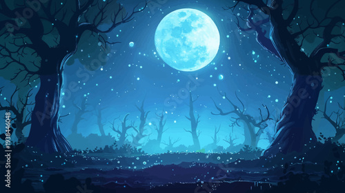 Enchanting night forest scene with a full moon and starry sky illustration