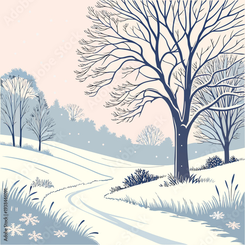 A serene winter landscape with bare trees and a snow-covered field under a pale sky Vector