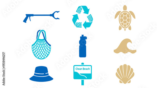 Ocean beach conservation icon sheet with trash grabber and recycling symbols for marine protection and coastal cleanup initiatives
