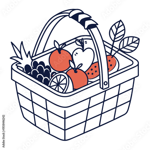 A vibrant and colorful basket filled with fresh fruits and vegetables. Vector