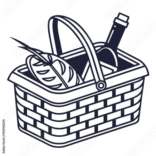 A detailed illustration of a wicker picnic basket filled with various items Vector