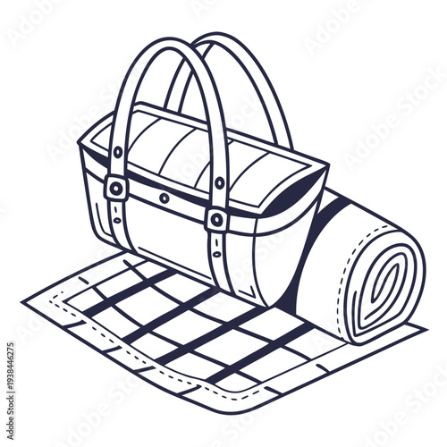 A tent and sleeping bag laid out on a campsite mat ready for an outdoor adventure. Vector