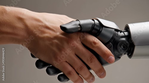 Human and robot hands in a handshake symbolizing future technology cooperation