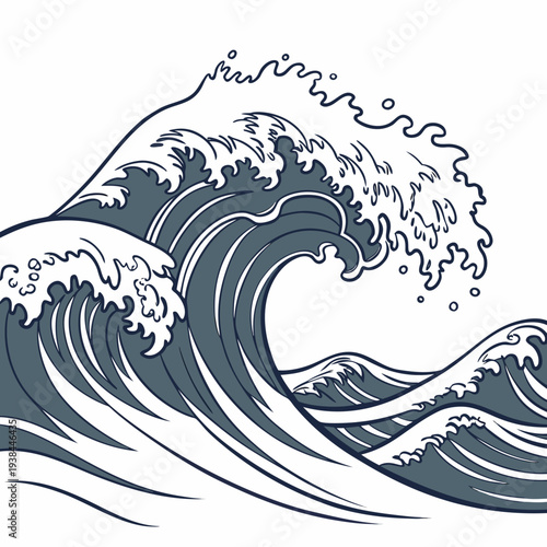 A powerful and turbulent wave crashing against the shore with white foam. Vector