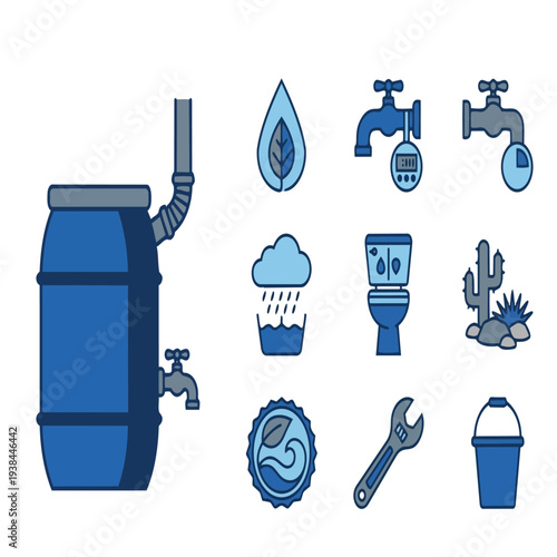 Water conservation and rain harvesting icon sheet with rain barrel and drought resistant garden symbols for smart water usage USA.