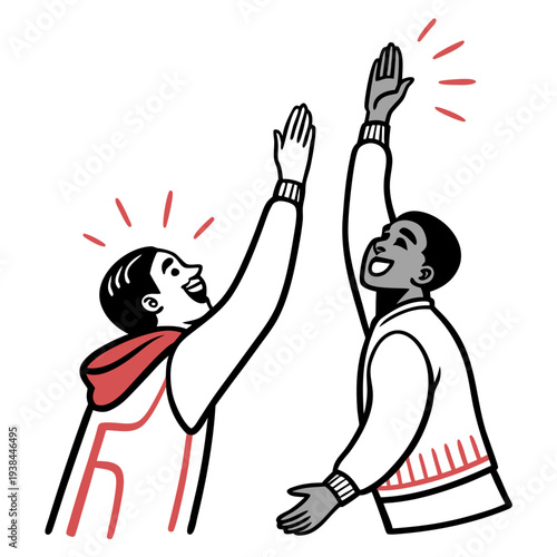 Two people celebrating with a high five and fireworks in the background. Vector