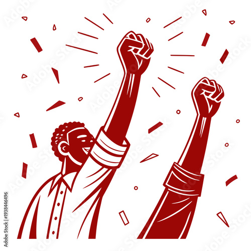 A vibrant illustration of people raising their fists in celebration and unity. Vector