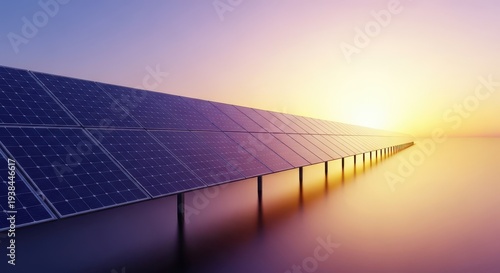 Rows of photovoltaic solar panels stretching across the landscape capturing sunlight for clean electrical power generation, array, utility, future