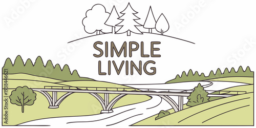 A serene landscape showcasing simple living with a cozy cabin and lush greenery. Vector